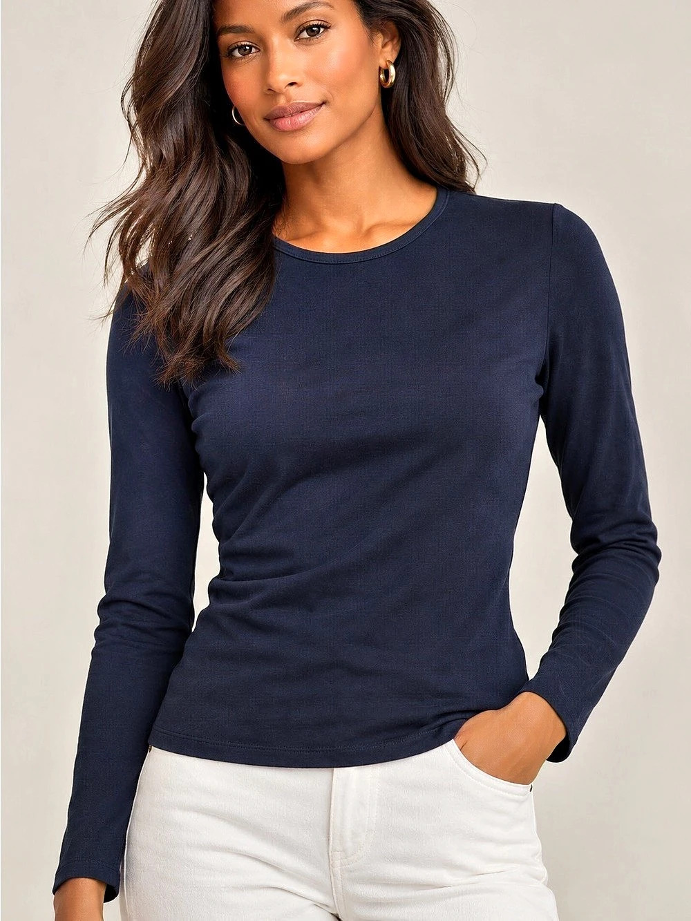 Ralph Lauren Collection Blue Leather Trim Long Sleeve Top Size S